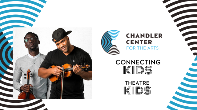 The two Black Violin performers pose next to the Chandler Center for the Arts Logo.