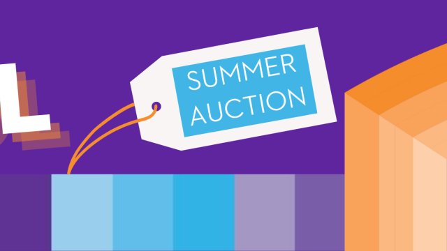 purple banner with the words "stay cool summer auction" listed across