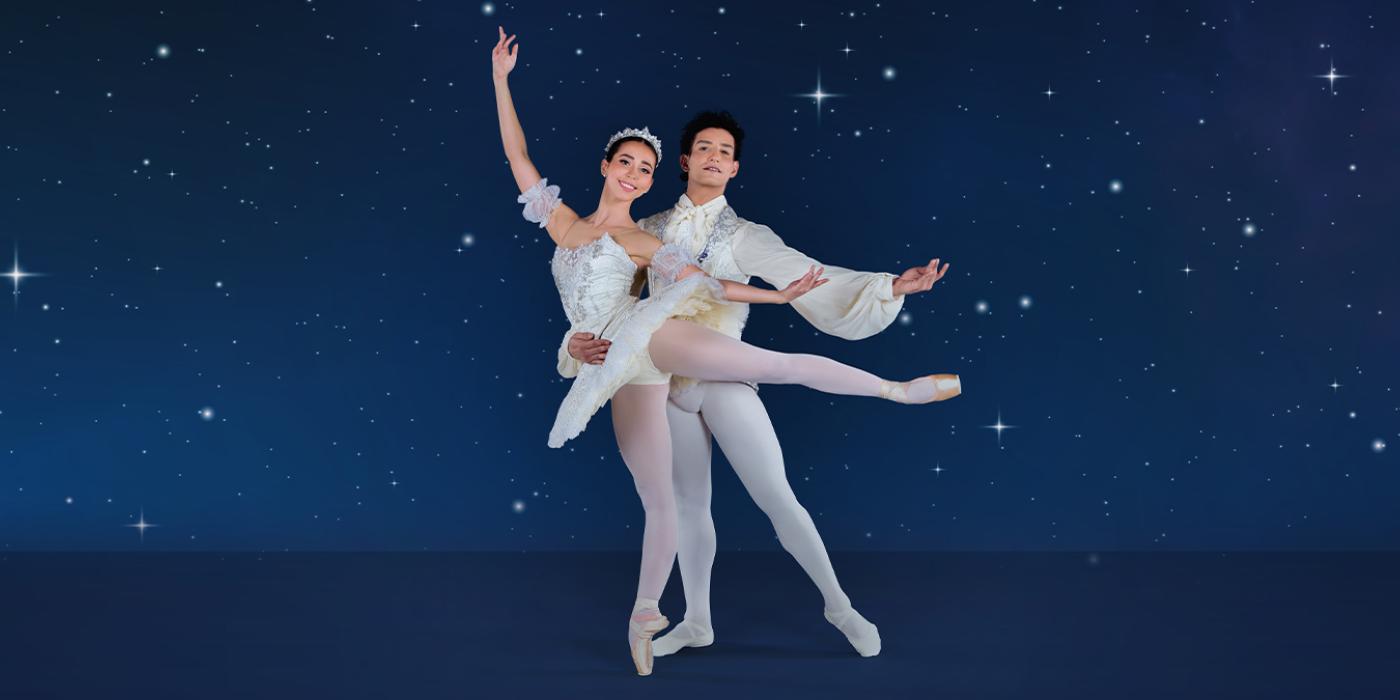 Two ballerinas dancing against a night sky background