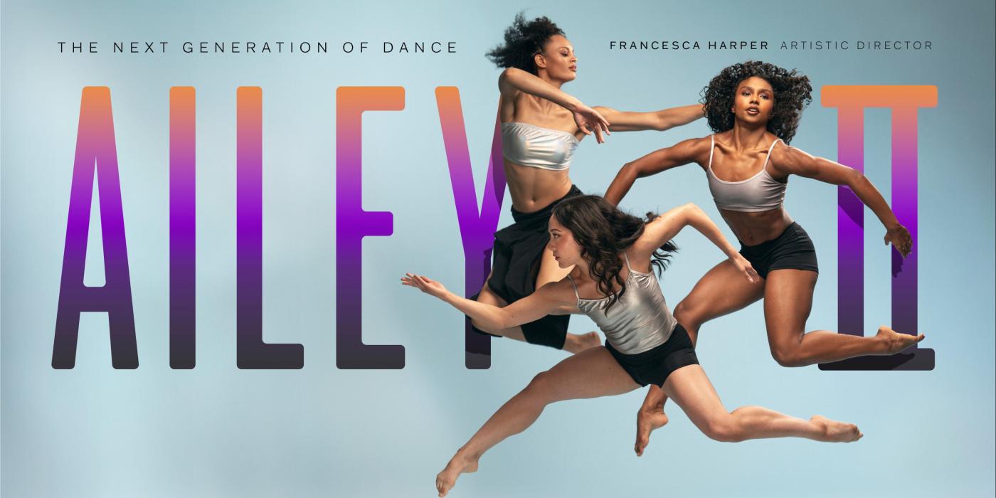 three dance levitating around the Ailey II logo against blue backdrop
