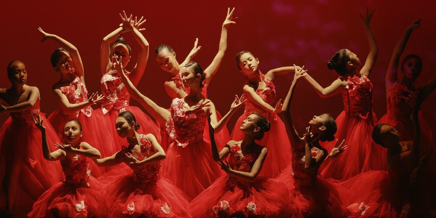 dancers on red tulle dresses sitting on stage with more dancers in back row