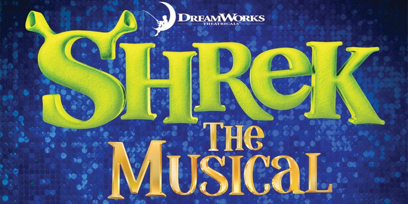 Shrek in green font in front of a sparkly blue textured background