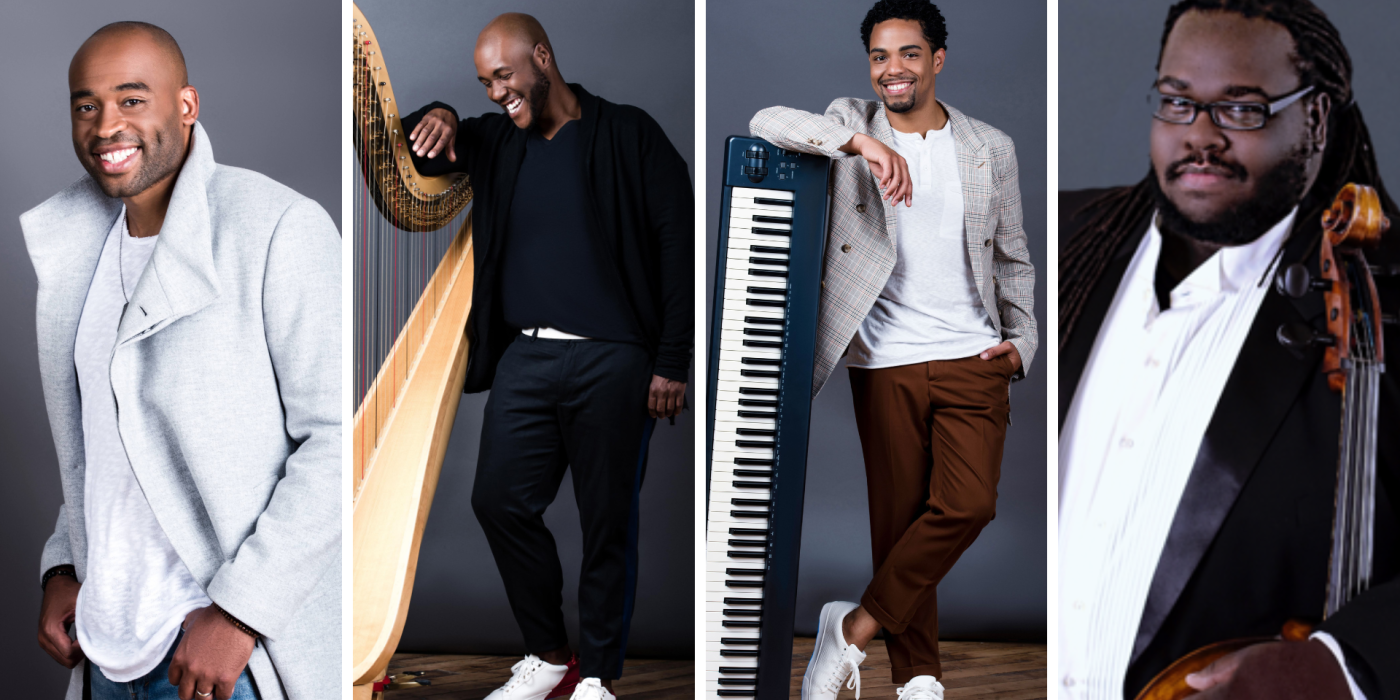 4 headshots of performers with their instruments including a harp, keyboard and cello.