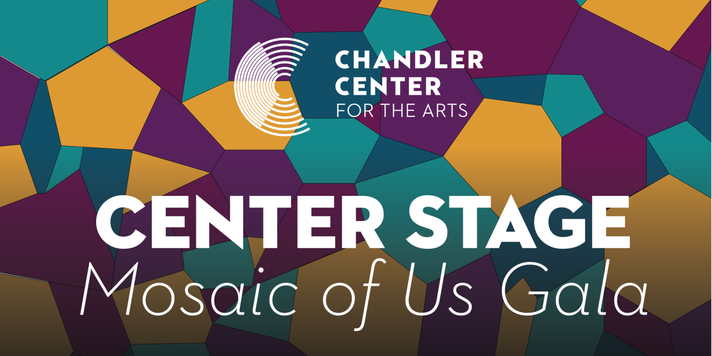 Colorful mosaic background with the white text "Center Stage Mosaic of Us Gala"