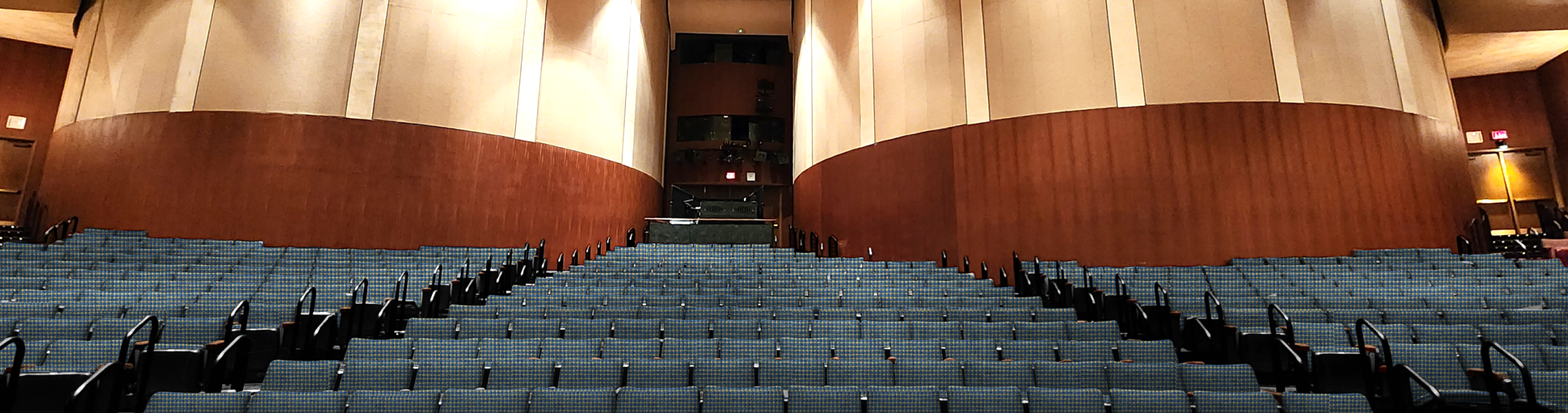 Renovated full theatre rendering with blue seats