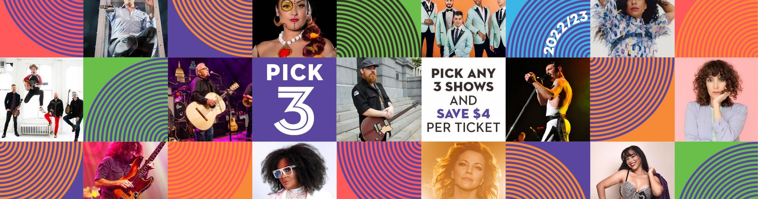 A colorful banner with various artist images and text that says Pick 3