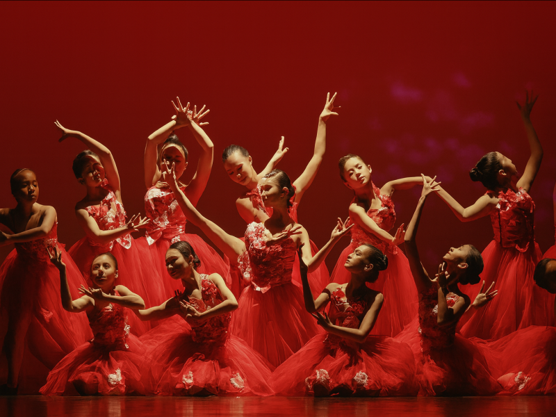 dancers on red tulle dresses sitting on stage with more dancers in back row