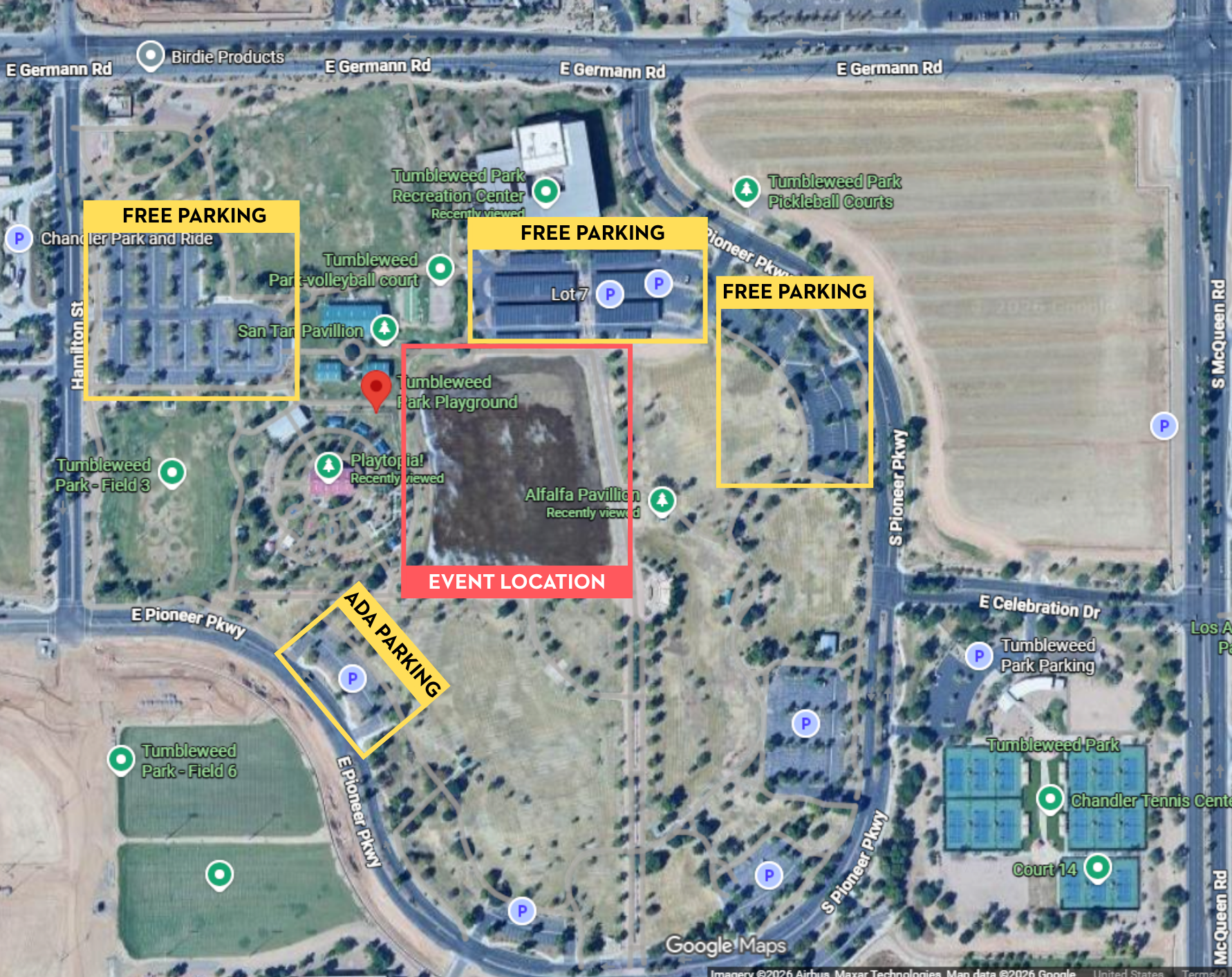 map of Tumbleweed park with the area south of Tumbleweed Rec Center and east of the playground marked as the event location and the surface parking lots around the park marked as free parking.