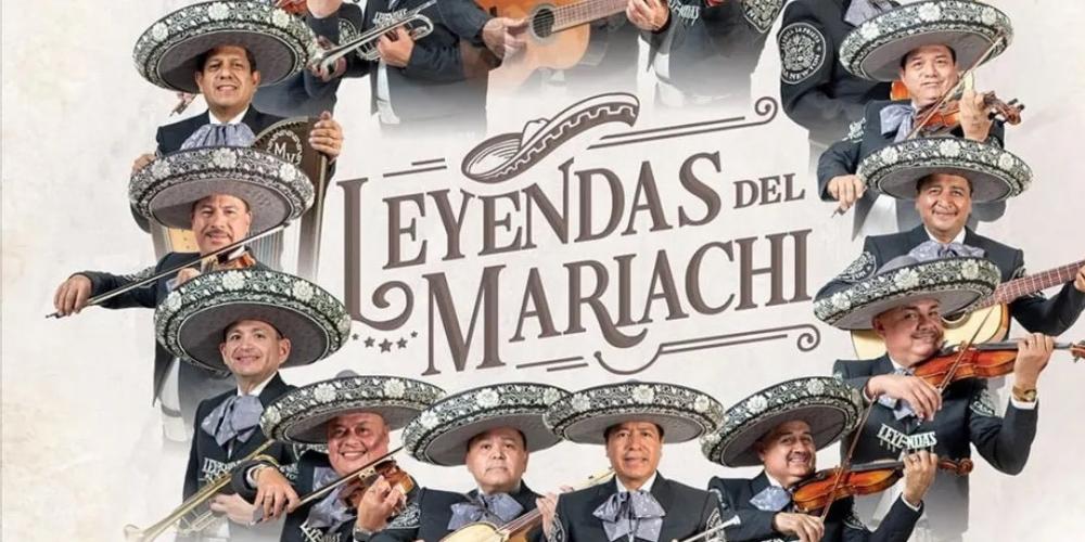 Mariachi musican headshots form a circle around the words Leyendas del Mariachi
