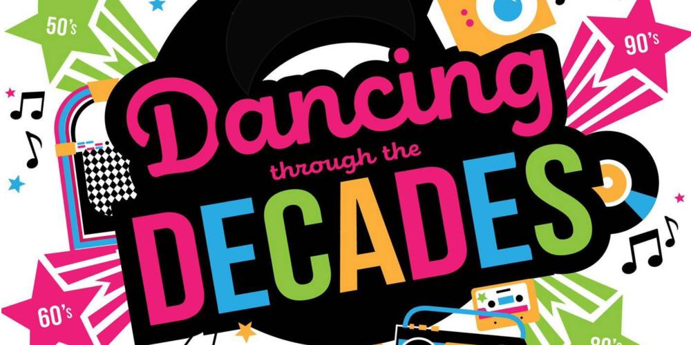 Colorful logo proclaims Dancing Through the Decades