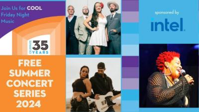 An image proclaims Free Summer Concert Series 2024 with images of three different performers highlighted.