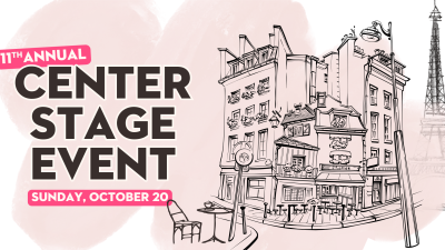 Image of a Parisienne cafe and the Eiffel Tower with the words "Center Stage Event" written across the top