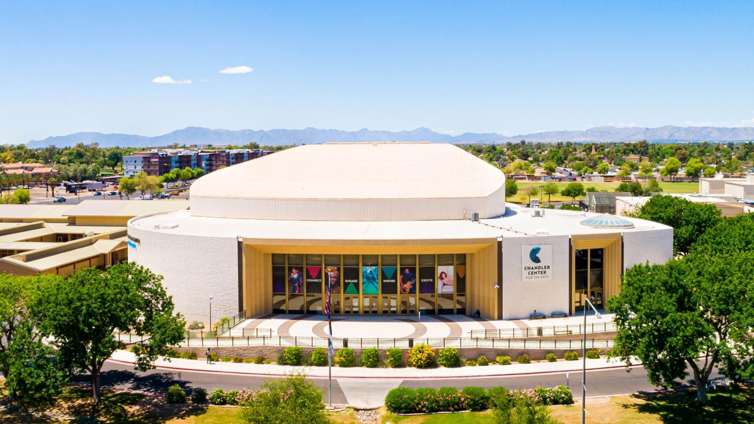 aerial view of main entrance to Chandler Center for the Arts